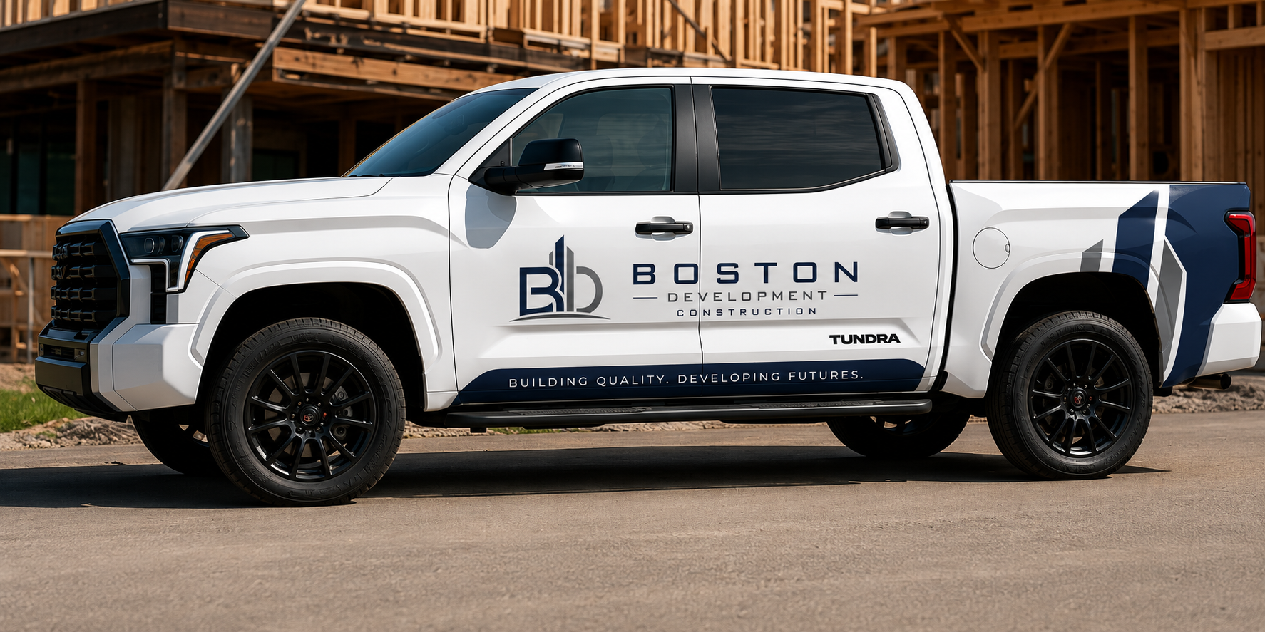 Boston Development Construction branded work truck parked at a jobsite